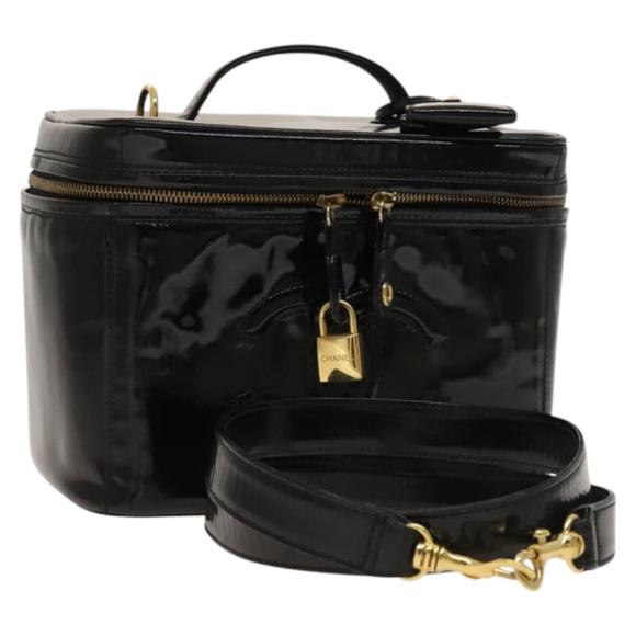 CHANEL Vanity Hand Bag Enamel 2way Black Gold CC Auth 130982 - Picture 1 of 16